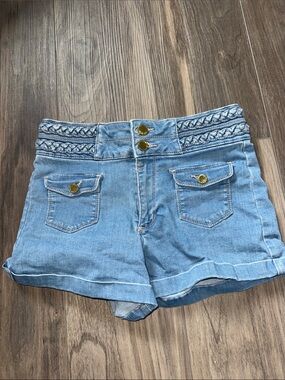 BEBE High-Waist Light Blue Denim Shorts with Braided Waist Detail
